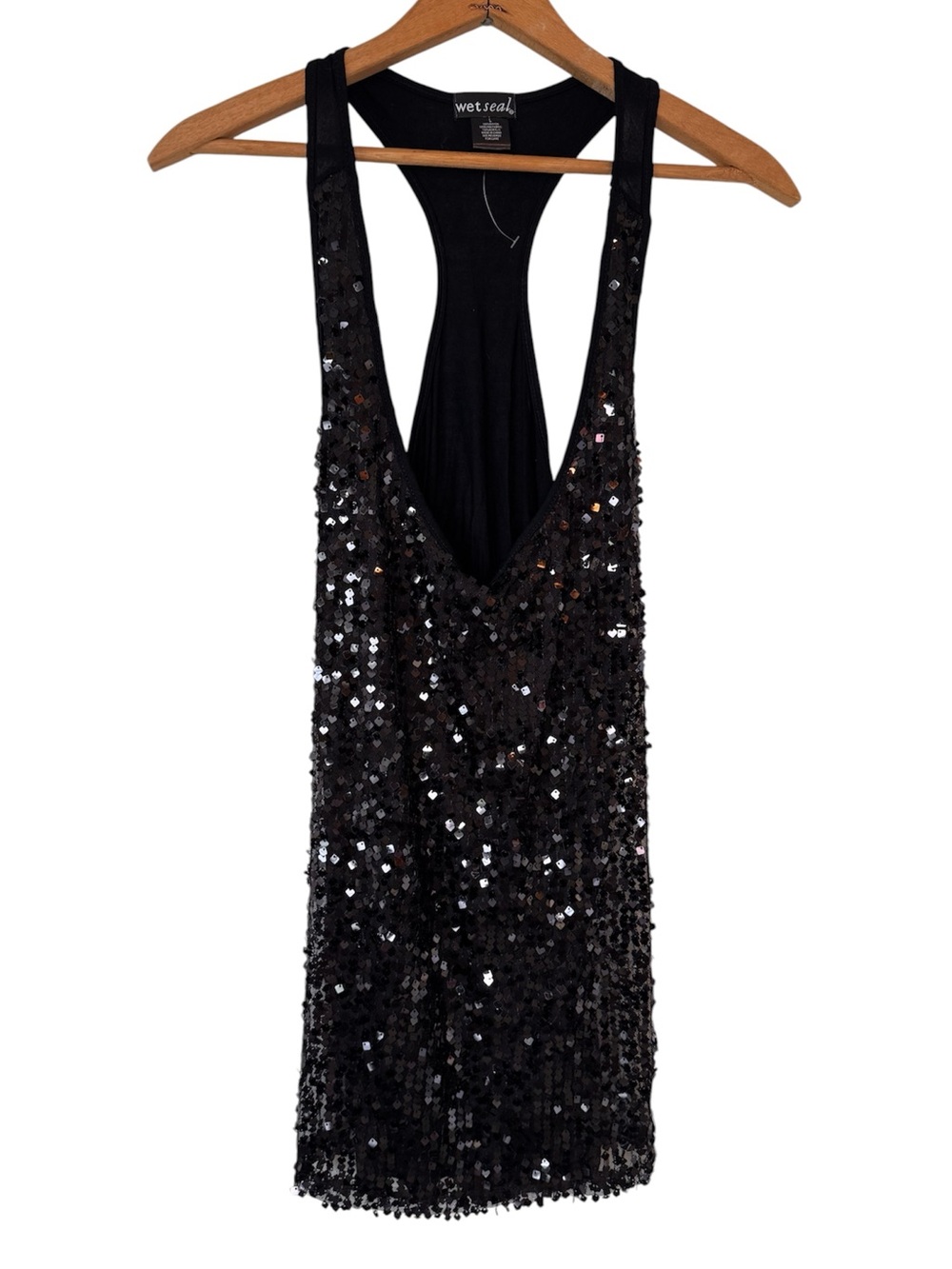 Wet Seal Black Sequin Racerback Tunic Tank Y2K Party Top Clubwear